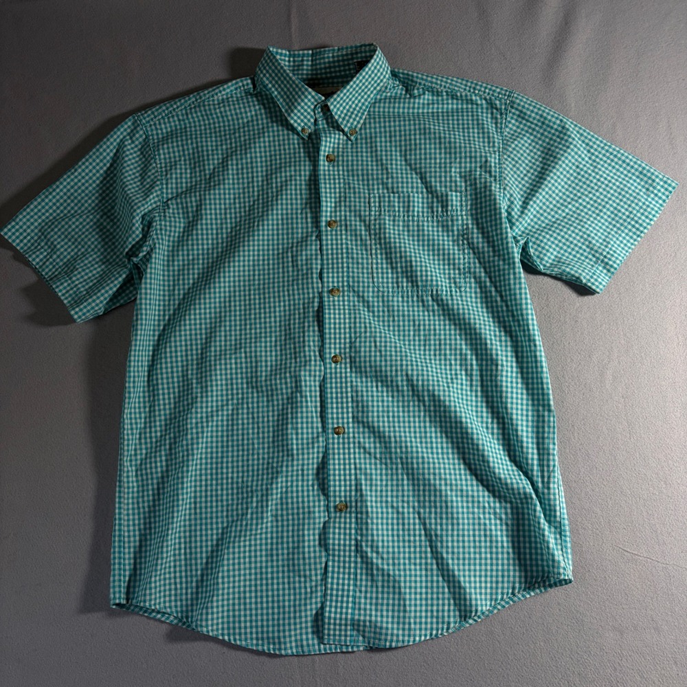 Wrangler Riata Mens XL Short Sleeve Button Down Shirt Teal Gingham Plaid Cotton